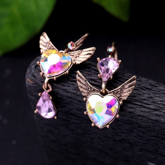 HEART ANGEL WING RHINESTONE DANGLE EARRINGS - Picture 3 of 8